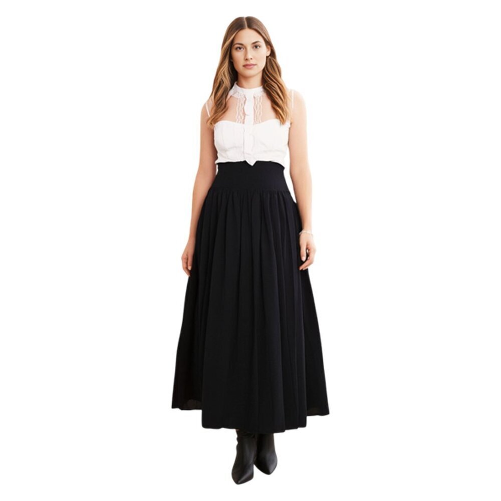 Black High Waist Victorian Inspired Half Button Front Gathered Skirt Size XL